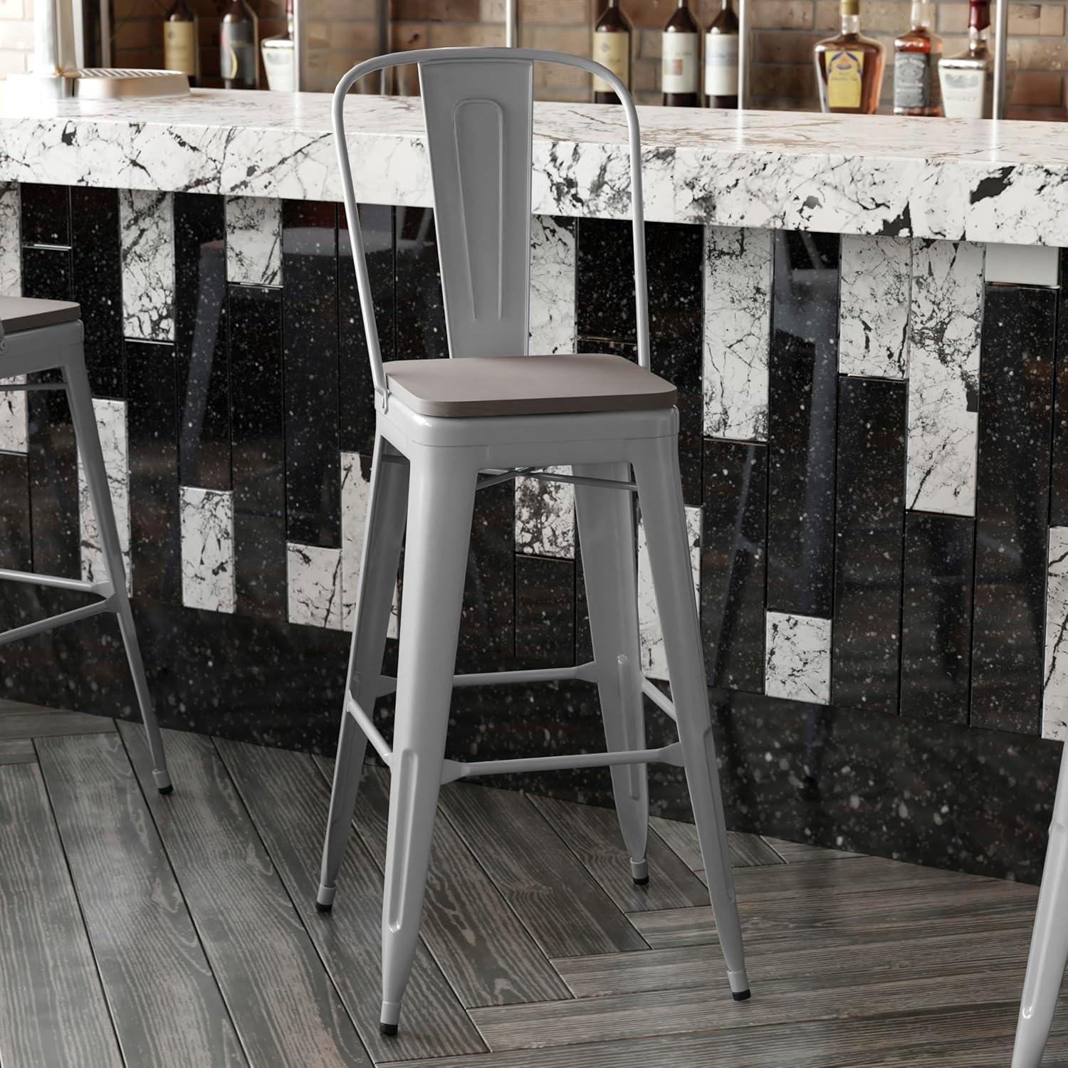 image:imageFlash Furniture Kai Commercial 30 High IndoorOutdoor Bar Height Stool White Galvanized Steel Frame Gray Square AllWeather Poly Resin Seat Removable BackSilverGray