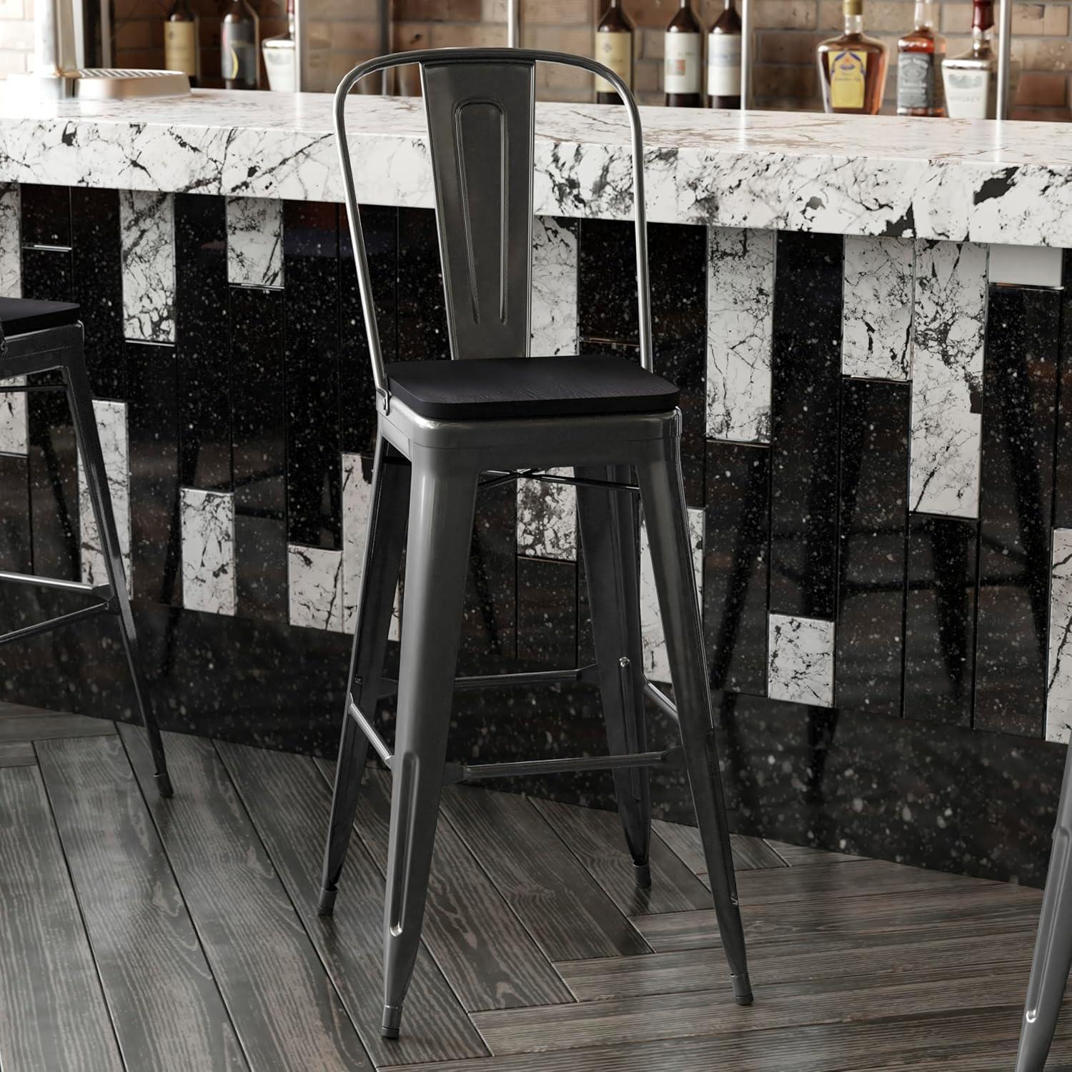 image:imageFlash Furniture Kai Commercial 30 High IndoorOutdoor Bar Height Stool White Galvanized Steel Frame Gray Square AllWeather Poly Resin Seat Removable BackBlackBlack
