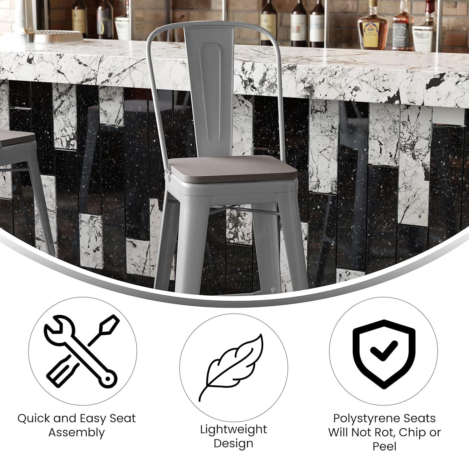 image:imageFlash Furniture Kai Commercial 30 High IndoorOutdoor Bar Height Stool White Galvanized Steel Frame Gray Square AllWeather Poly Resin Seat Removable BackSilverGray