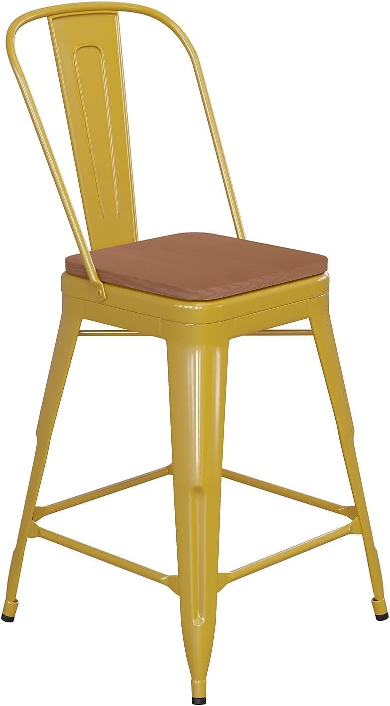 image:imageFlash Furniture Kai Commercial 30 High IndoorOutdoor Bar Height Stool White Galvanized Steel Frame Gray Square AllWeather Poly Resin Seat Removable BackYellowTeak