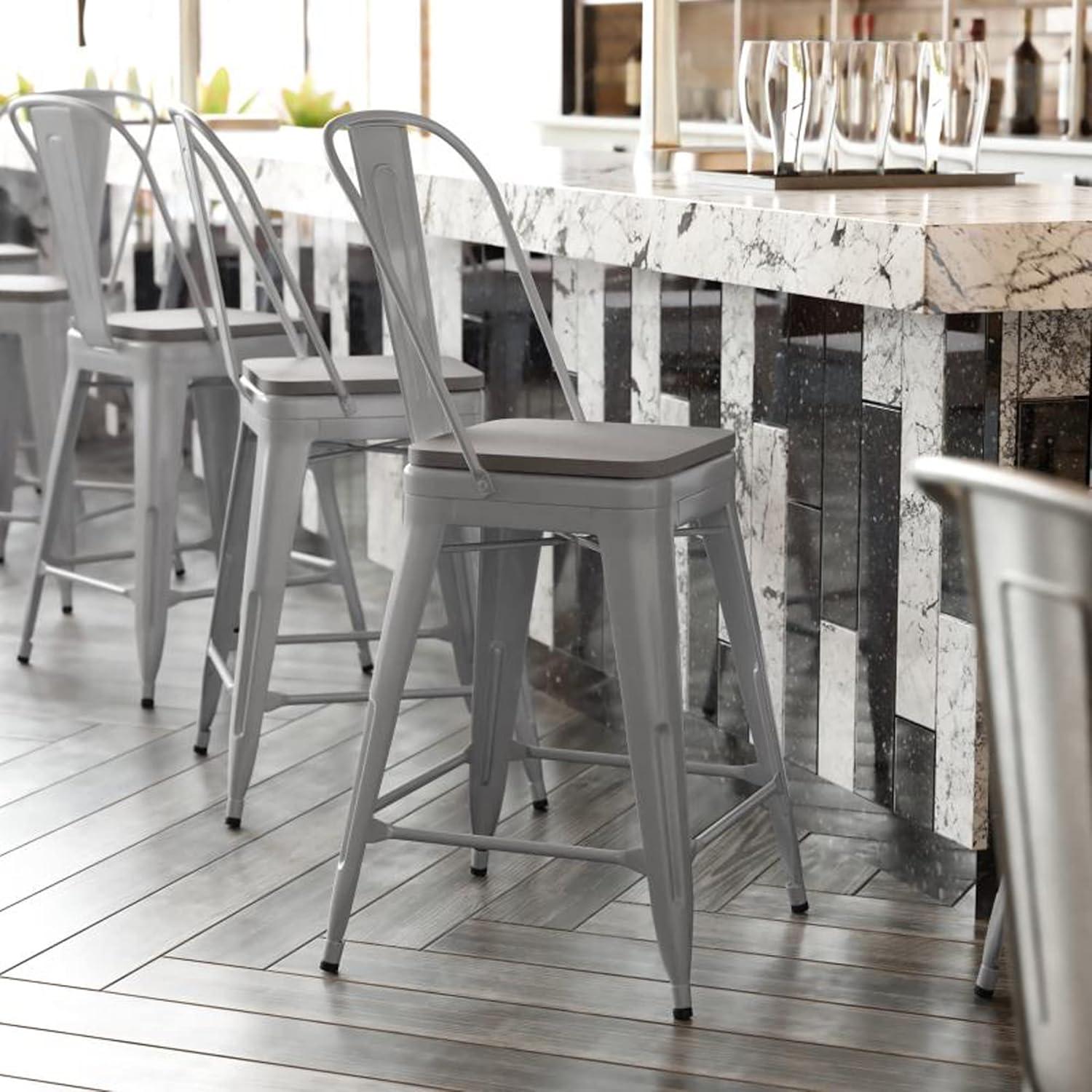 image:imageFlash Furniture Kai Commercial 30 High IndoorOutdoor Bar Height Stool White Galvanized Steel Frame Gray Square AllWeather Poly Resin Seat Removable BackSilverGray
