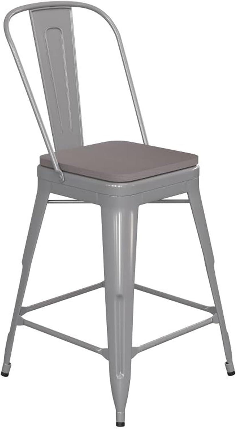 image:imageFlash Furniture Kai Commercial 30 High IndoorOutdoor Bar Height Stool White Galvanized Steel Frame Gray Square AllWeather Poly Resin Seat Removable BackSilverGray