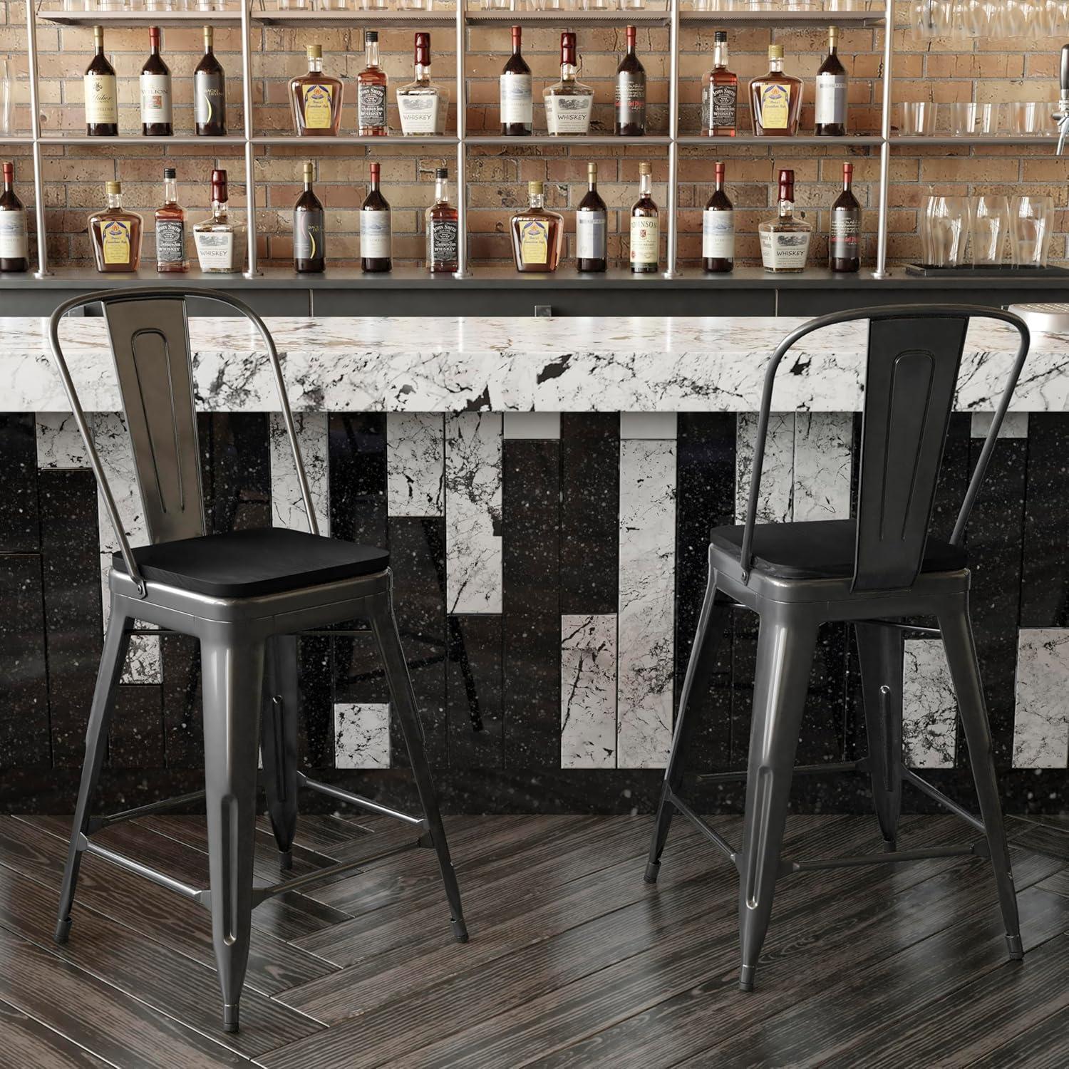 image:imageFlash Furniture Kai Commercial 30 High IndoorOutdoor Bar Height Stool White Galvanized Steel Frame Gray Square AllWeather Poly Resin Seat Removable BackBlackBlack