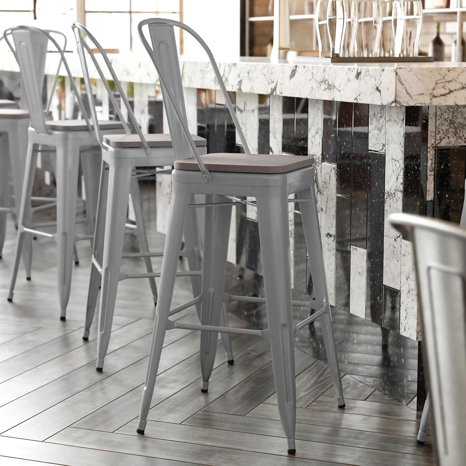image:imageFlash Furniture Kai Commercial 30 High IndoorOutdoor Bar Height Stool White Galvanized Steel Frame Gray Square AllWeather Poly Resin Seat Removable BackSilverGray