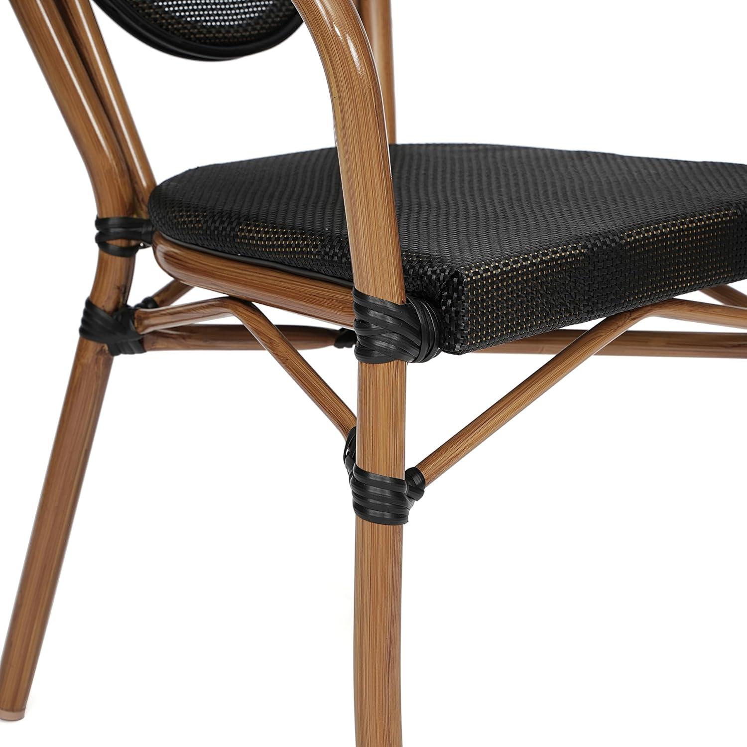 image:imageFlash Furniture Marseille IndoorOutdoor Commercial Bistro Stack Chair Curved Arms Black Textilene Back and Seat Natural Bamboo Print Metal FrameBlackNatural Frame
