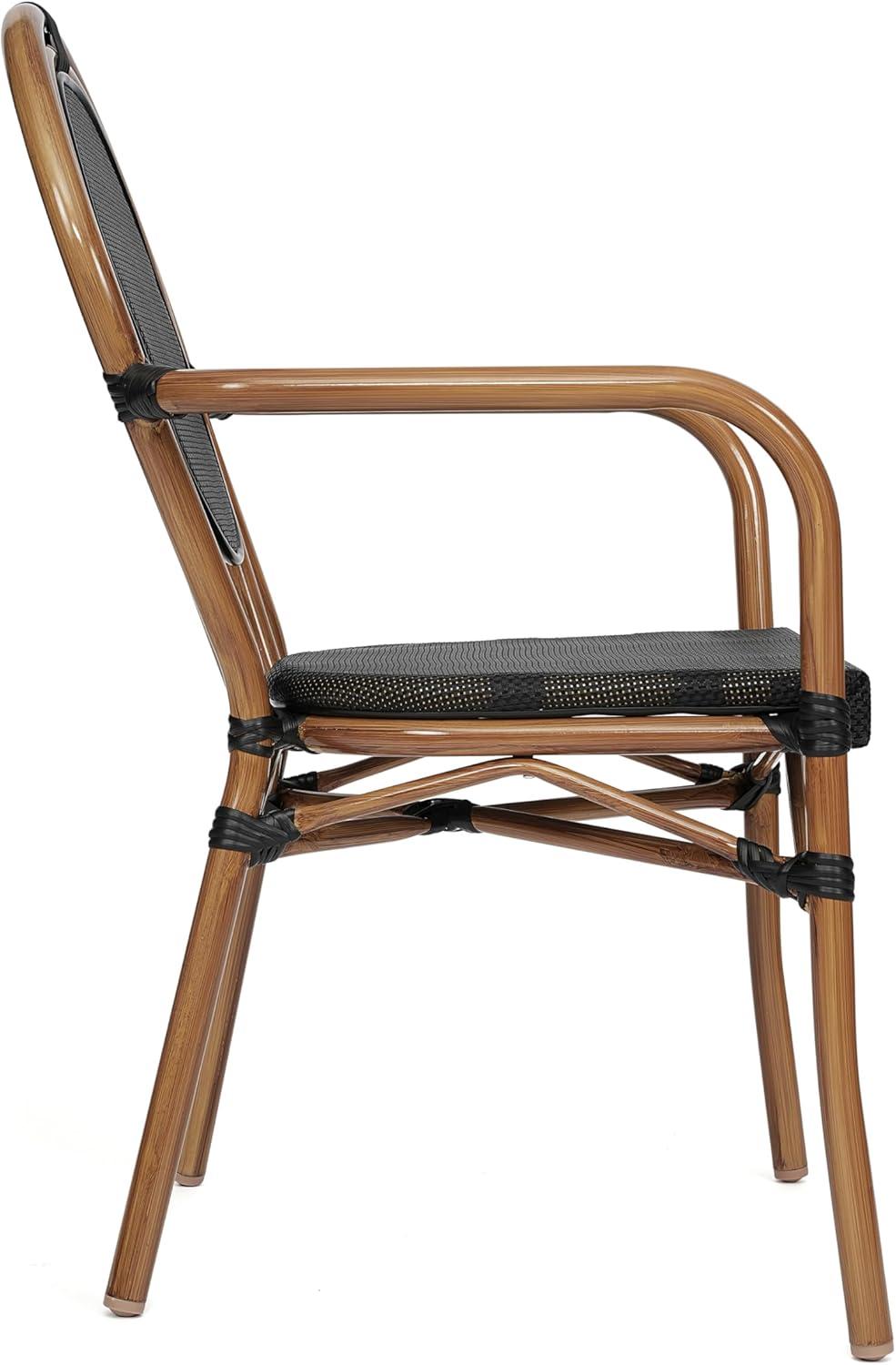 image:imageFlash Furniture Marseille IndoorOutdoor Commercial Bistro Stack Chair Curved Arms Black Textilene Back and Seat Natural Bamboo Print Metal FrameBlackNatural Frame