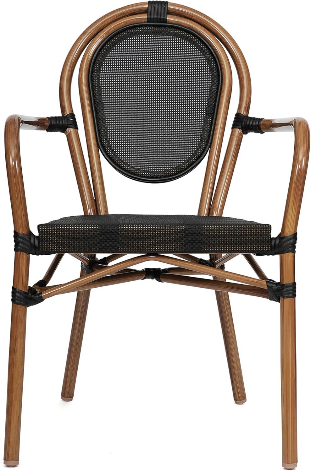 image:imageFlash Furniture Marseille IndoorOutdoor Commercial Bistro Stack Chair Curved Arms Black Textilene Back and Seat Natural Bamboo Print Metal FrameBlackNatural Frame