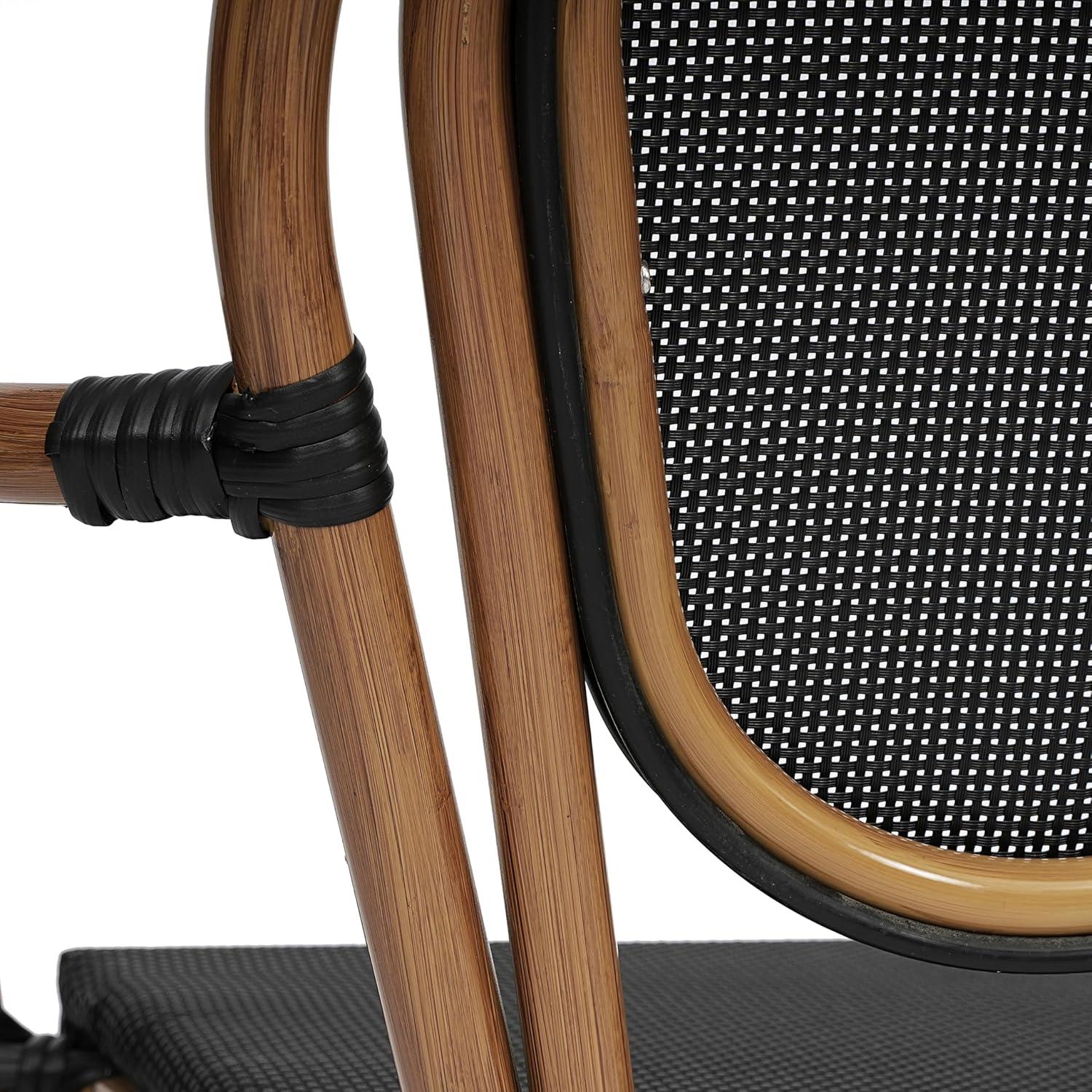 image:imageFlash Furniture Marseille IndoorOutdoor Commercial Bistro Stack Chair Curved Arms Black Textilene Back and Seat Natural Bamboo Print Metal FrameBlackNatural Frame