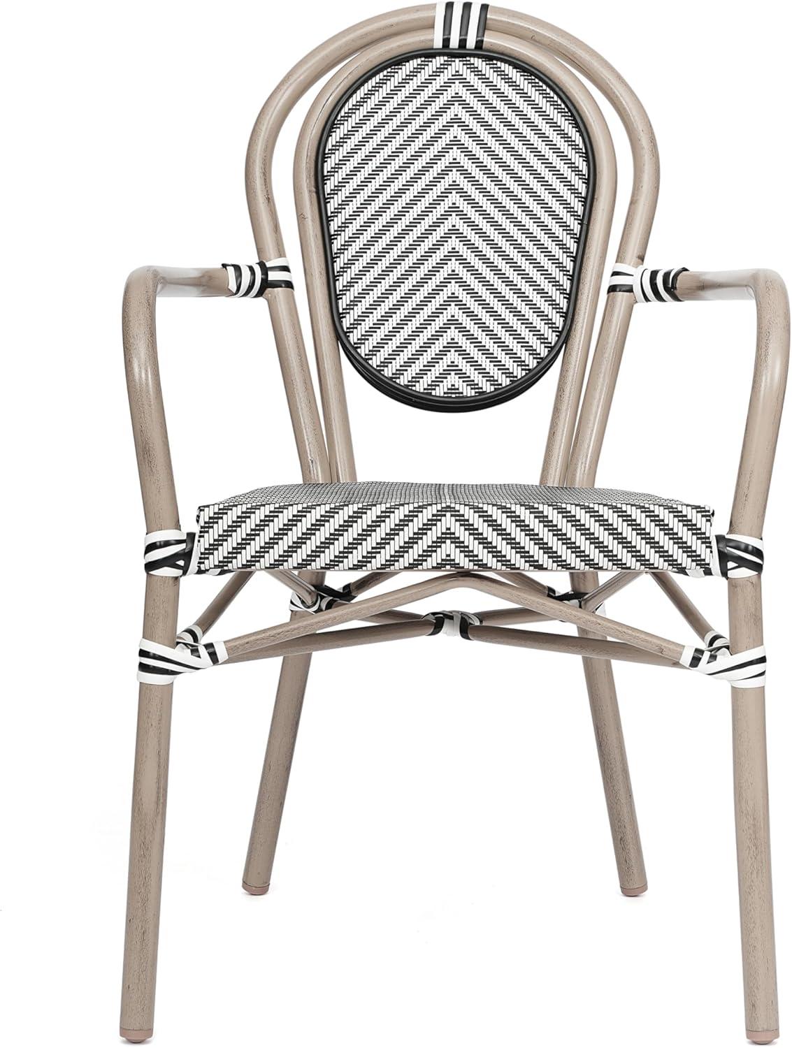 image:imageFlash Furniture Marseille IndoorOutdoor Commercial Bistro Stack Chair Curved Arms Black Textilene Back and Seat Natural Bamboo Print Metal FrameBlack WhiteLight Natural Frame