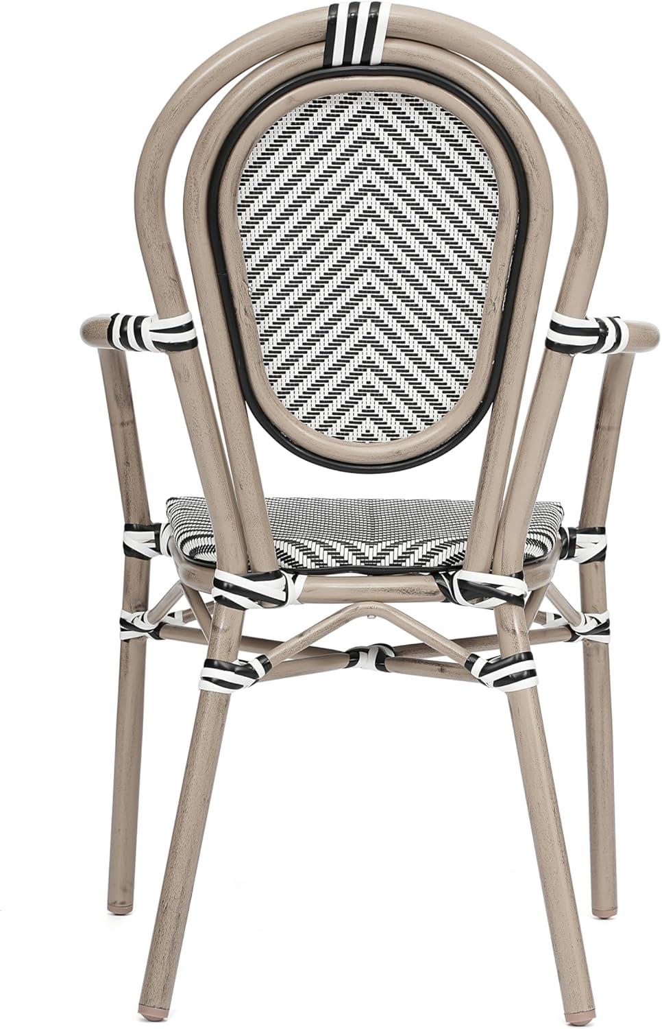 image:imageFlash Furniture Marseille IndoorOutdoor Commercial Bistro Stack Chair Curved Arms Black Textilene Back and Seat Natural Bamboo Print Metal FrameBlack WhiteLight Natural Frame