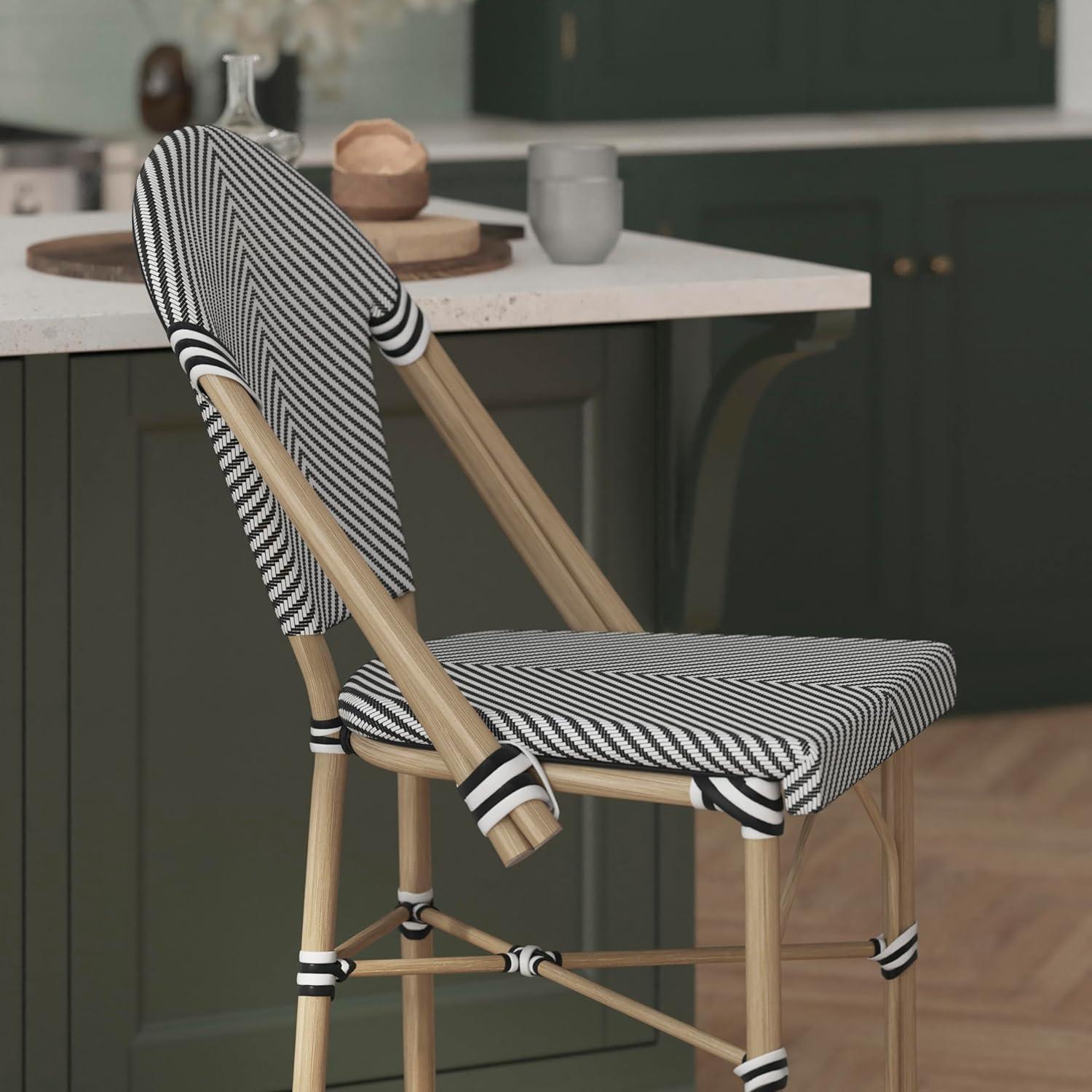 image:imageFlash Furniture Marseille IndoorOutdoor Commercial Bistro Stacking Counter Stool Black Textilene Back and Seat Natural Bamboo Print Metal Frame 2 PackBlack WhiteLight Natural Frame