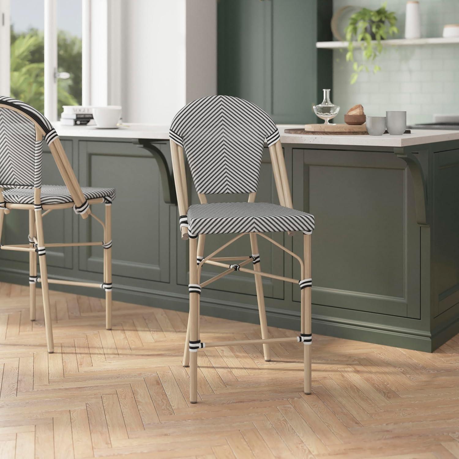 image:imageFlash Furniture Marseille IndoorOutdoor Commercial Bistro Stacking Counter Stool Black Textilene Back and Seat Natural Bamboo Print Metal Frame 2 PackBlack WhiteLight Natural Frame