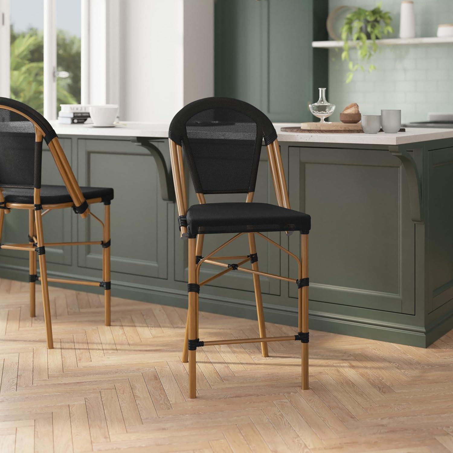 image:imageFlash Furniture Marseille IndoorOutdoor Commercial Bistro Stacking Counter Stool Black Textilene Back and Seat Natural Bamboo Print Metal Frame 2 PackBlackNatural Frame