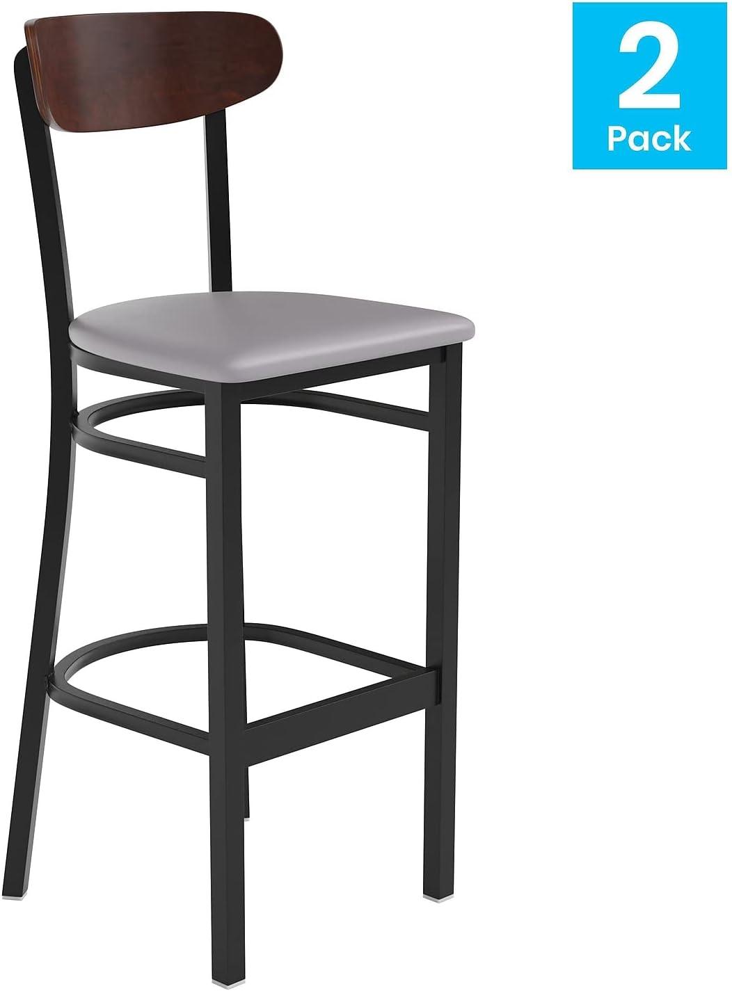 image:imageFlash Furniture Wright Set of 2 Commercial Barstools Walnut Wood Boomerang Back Black Vinyl Seat 500 LB Capacity Black Steel Frame Integrated FootrestWalnut Wood BackGray Vinyl Seat