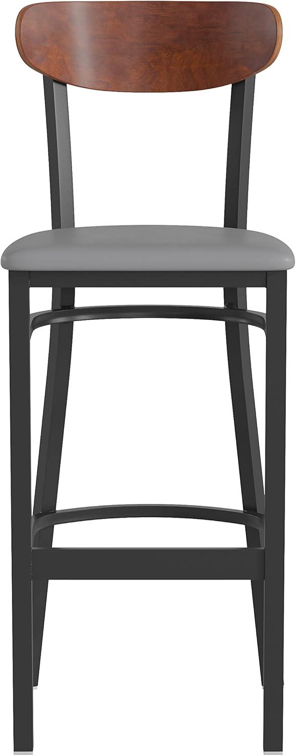 image:imageFlash Furniture Wright Set of 2 Commercial Barstools Walnut Wood Boomerang Back Black Vinyl Seat 500 LB Capacity Black Steel Frame Integrated FootrestWalnut Wood BackGray Vinyl Seat