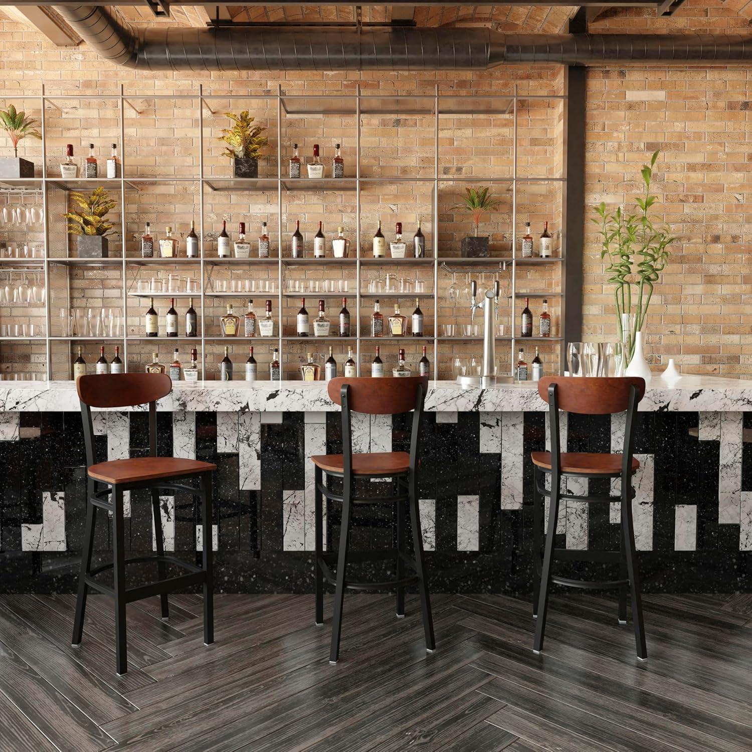 image:imageFlash Furniture Wright Set of 2 Commercial Barstools Walnut Wood Boomerang Back Black Vinyl Seat 500 LB Capacity Black Steel Frame Integrated FootrestWalnut