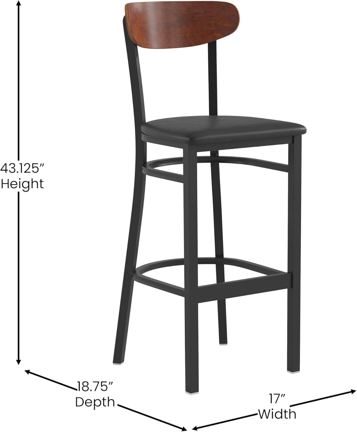 image:imageFlash Furniture Wright Set of 2 Commercial Barstools Walnut Wood Boomerang Back Black Vinyl Seat 500 LB Capacity Black Steel Frame Integrated FootrestWalnut Wood BackBlack Vinyl Seat