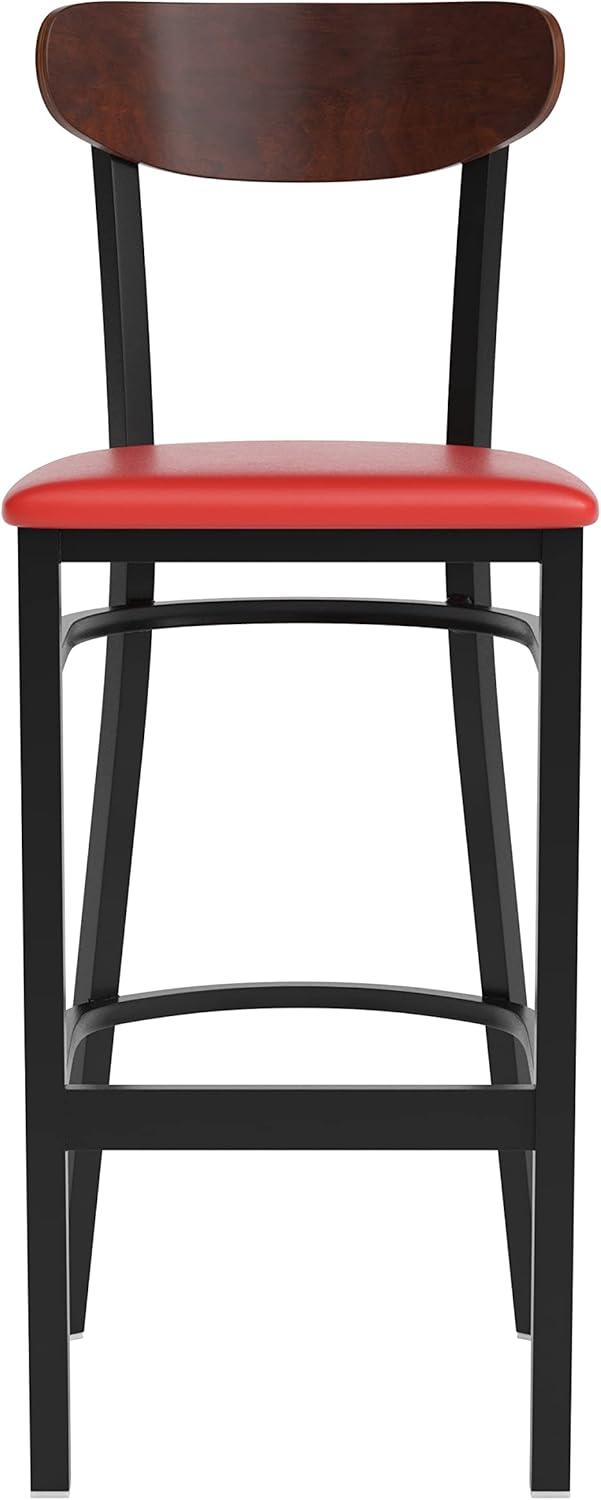 image:imageFlash Furniture Wright Set of 2 Commercial Barstools Walnut Wood Boomerang Back Black Vinyl Seat 500 LB Capacity Black Steel Frame Integrated FootrestWalnut Wood BackRed Vinyl Seat