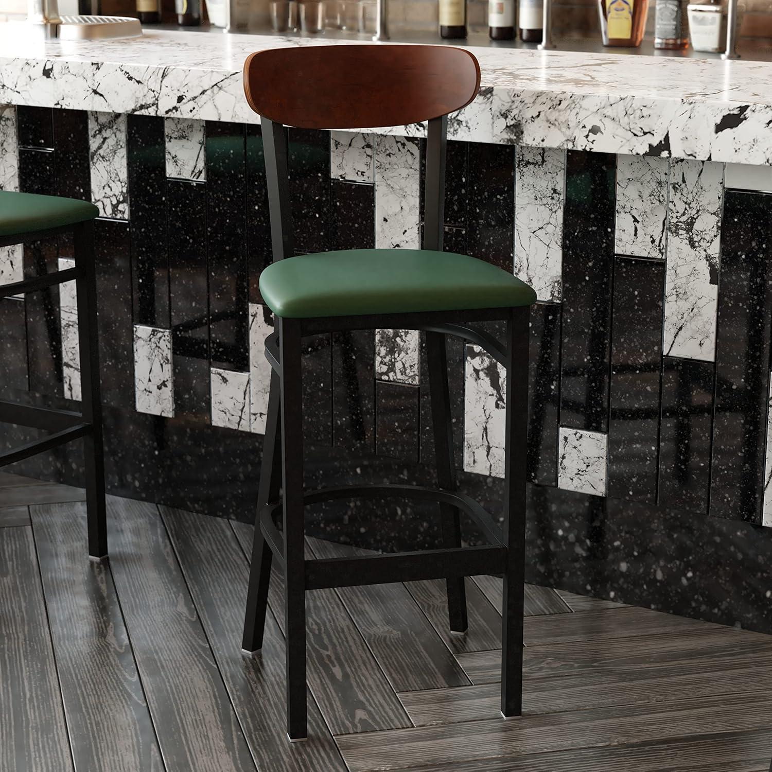 image:imageFlash Furniture Wright Set of 2 Commercial Barstools Walnut Wood Boomerang Back Black Vinyl Seat 500 LB Capacity Black Steel Frame Integrated FootrestWalnut Wood BackGreen Vinyl Seat