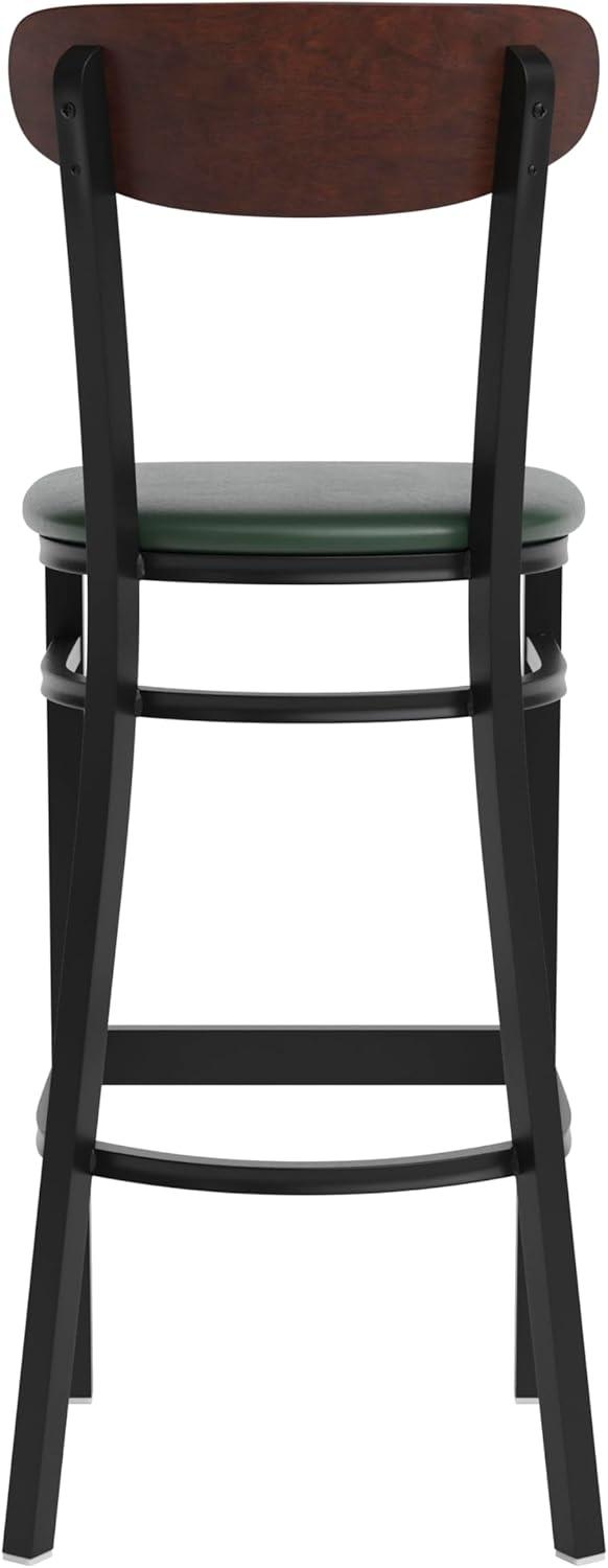 image:imageFlash Furniture Wright Set of 2 Commercial Barstools Walnut Wood Boomerang Back Black Vinyl Seat 500 LB Capacity Black Steel Frame Integrated FootrestWalnut Wood BackGreen Vinyl Seat