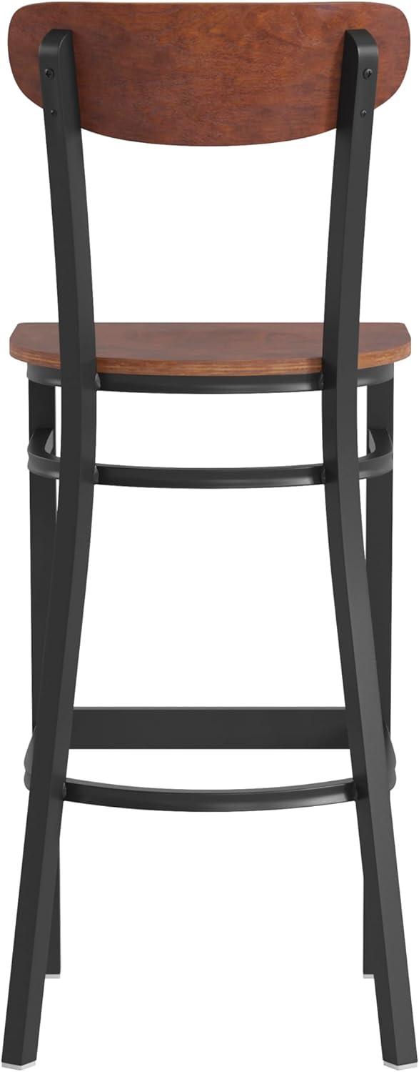 image:imageFlash Furniture Wright Set of 2 Commercial Barstools Walnut Wood Boomerang Back Black Vinyl Seat 500 LB Capacity Black Steel Frame Integrated FootrestWalnut