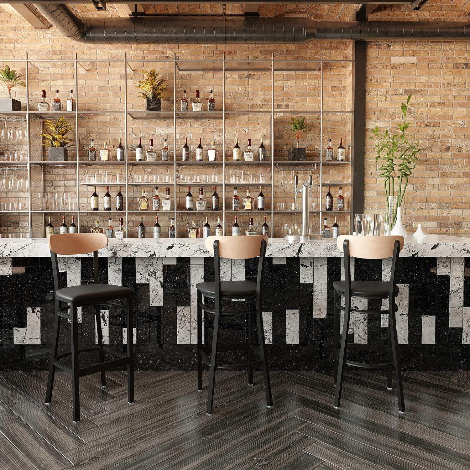 image:imageFlash Furniture Wright Set of 2 Commercial Barstools Walnut Wood Boomerang Back Black Vinyl Seat 500 LB Capacity Black Steel Frame Integrated FootrestNatural Birch Wood BackBlack Vinyl Seat