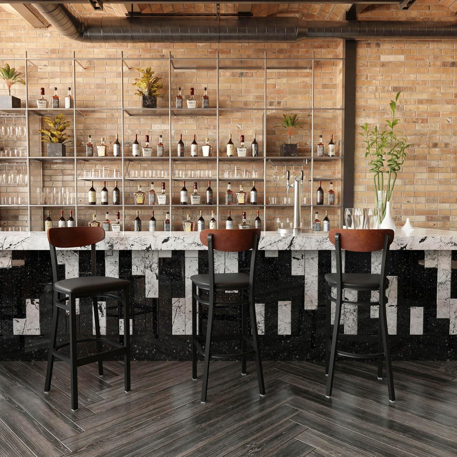 image:imageFlash Furniture Wright Set of 2 Commercial Barstools Walnut Wood Boomerang Back Black Vinyl Seat 500 LB Capacity Black Steel Frame Integrated FootrestWalnut Wood BackBlack Vinyl Seat