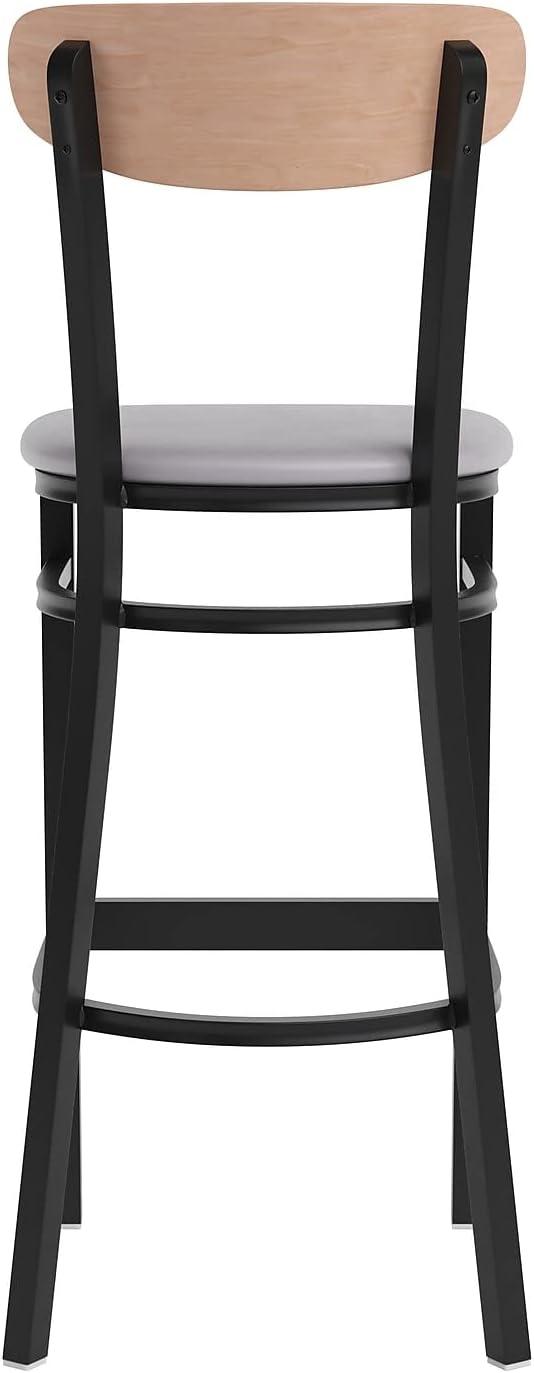 image:imageFlash Furniture Wright Set of 2 Commercial Barstools Walnut Wood Boomerang Back Black Vinyl Seat 500 LB Capacity Black Steel Frame Integrated FootrestNatural Birch Wood BackGray Vinyl Seat
