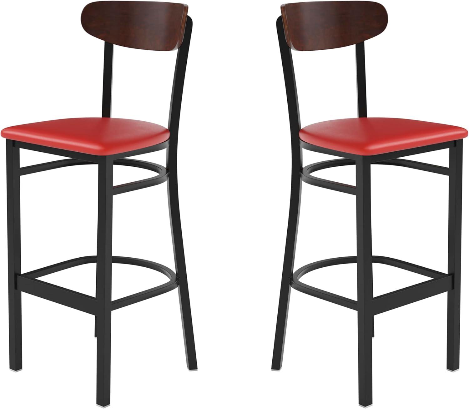image:imageFlash Furniture Wright Set of 2 Commercial Barstools Walnut Wood Boomerang Back Black Vinyl Seat 500 LB Capacity Black Steel Frame Integrated FootrestWalnut Wood BackRed Vinyl Seat