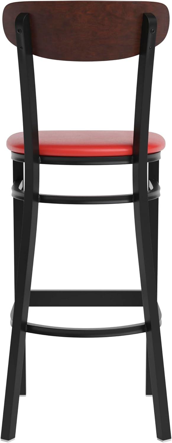 image:imageFlash Furniture Wright Set of 2 Commercial Barstools Walnut Wood Boomerang Back Black Vinyl Seat 500 LB Capacity Black Steel Frame Integrated FootrestWalnut Wood BackRed Vinyl Seat