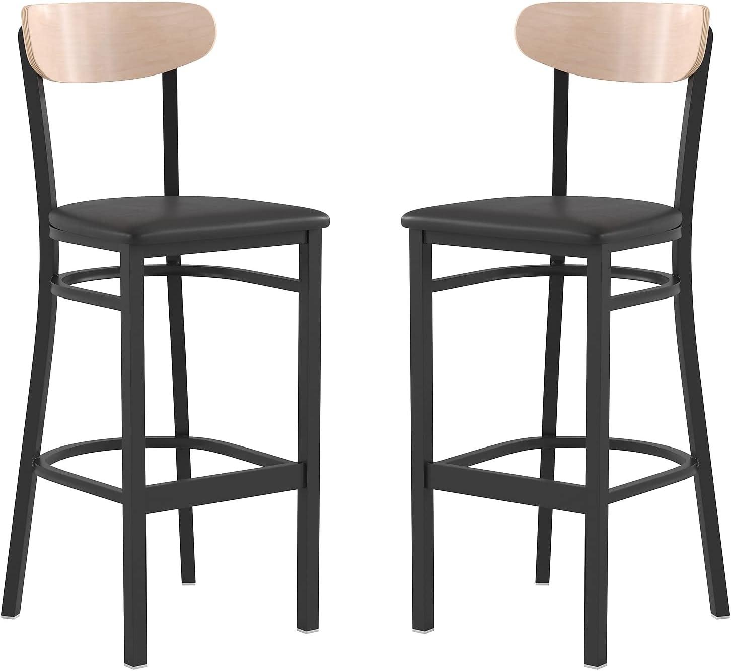 image:imageFlash Furniture Wright Set of 2 Commercial Barstools Walnut Wood Boomerang Back Black Vinyl Seat 500 LB Capacity Black Steel Frame Integrated FootrestNatural Birch Wood BackBlack Vinyl Seat