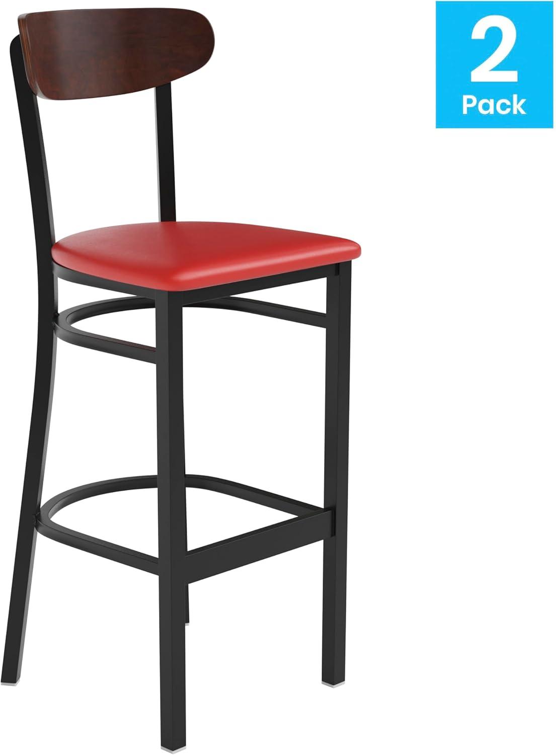 image:imageFlash Furniture Wright Set of 2 Commercial Barstools Walnut Wood Boomerang Back Black Vinyl Seat 500 LB Capacity Black Steel Frame Integrated FootrestWalnut Wood BackRed Vinyl Seat