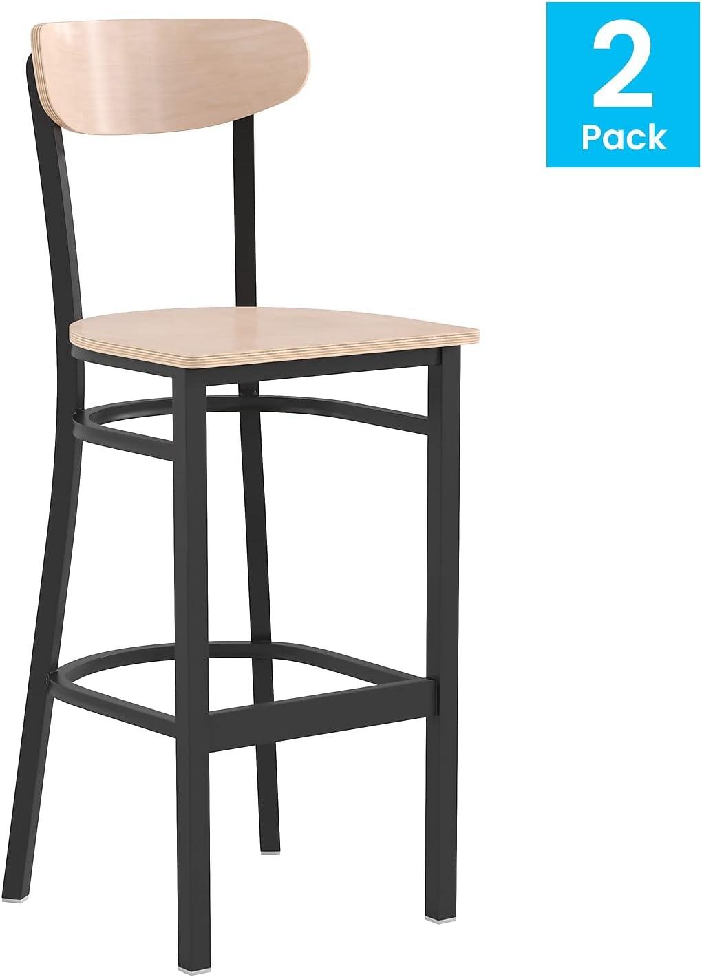 image:imageFlash Furniture Wright Set of 2 Commercial Barstools Walnut Wood Boomerang Back Black Vinyl Seat 500 LB Capacity Black Steel Frame Integrated FootrestNatural Birch
