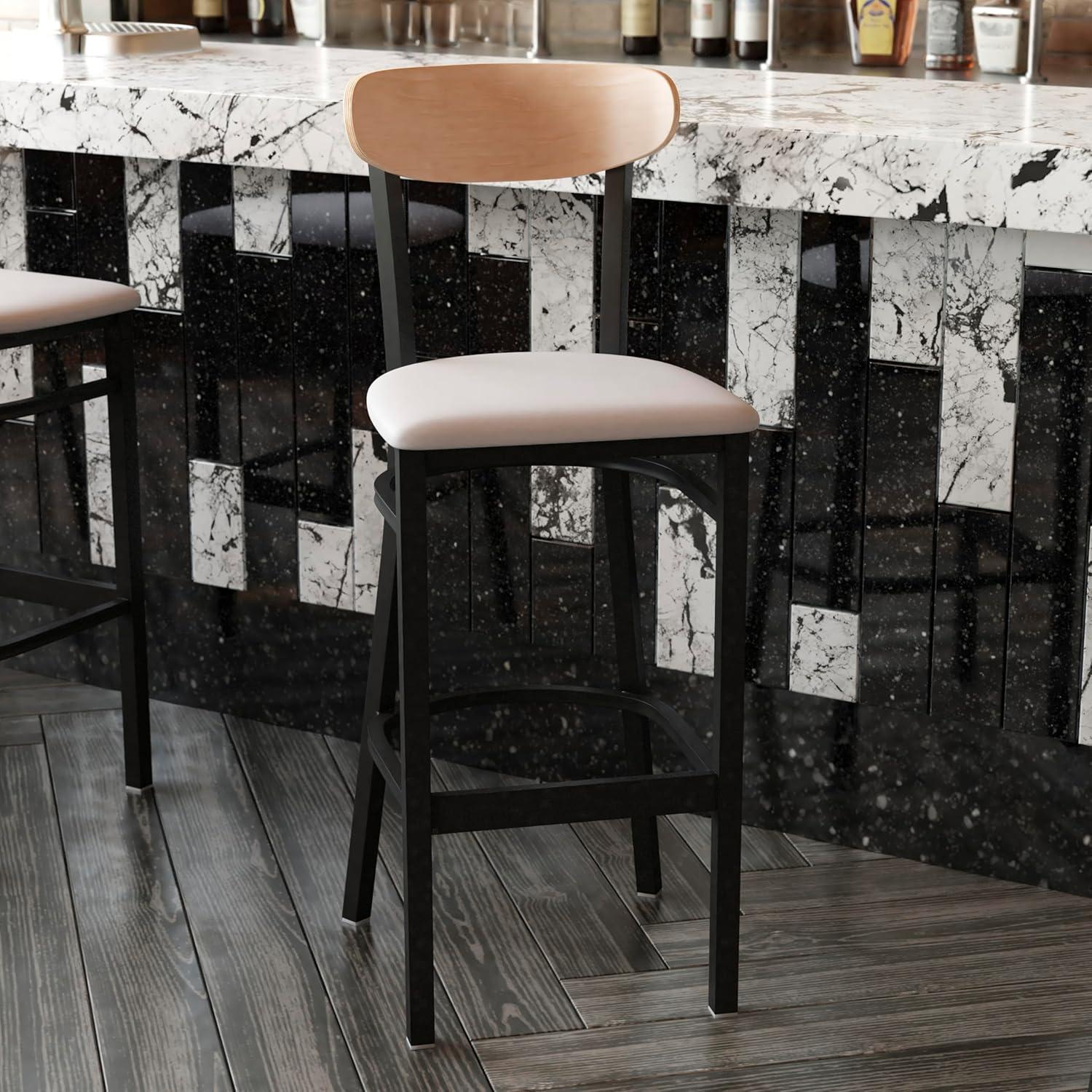 image:imageFlash Furniture Wright Set of 2 Commercial Barstools Walnut Wood Boomerang Back Black Vinyl Seat 500 LB Capacity Black Steel Frame Integrated FootrestNatural Birch Wood BackGray Vinyl Seat