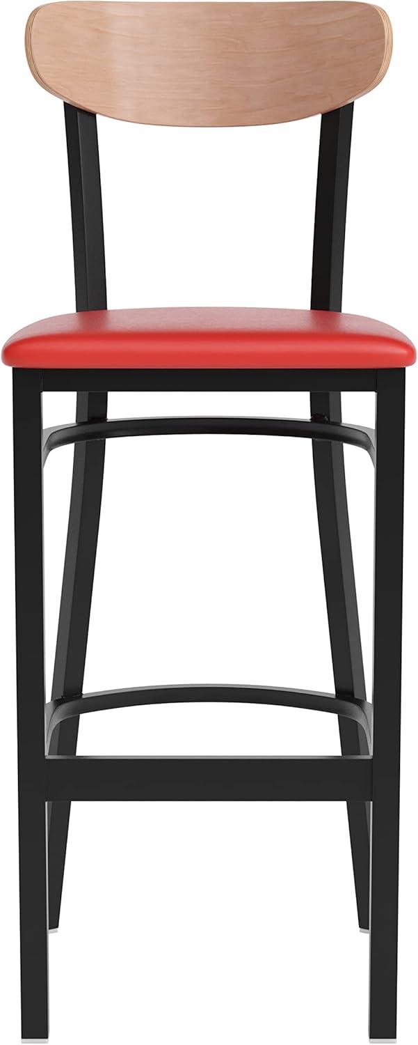 image:imageFlash Furniture Wright Set of 2 Commercial Barstools Walnut Wood Boomerang Back Black Vinyl Seat 500 LB Capacity Black Steel Frame Integrated FootrestNatural Birch Wood BackRed Vinyl Seat
