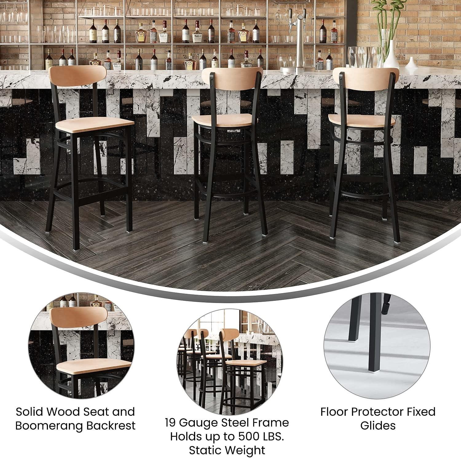 image:imageFlash Furniture Wright Set of 2 Commercial Barstools Walnut Wood Boomerang Back Black Vinyl Seat 500 LB Capacity Black Steel Frame Integrated FootrestNatural Birch