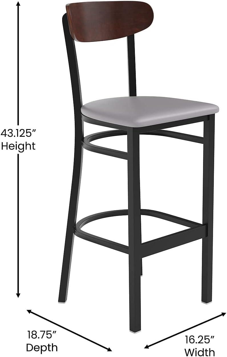 image:imageFlash Furniture Wright Set of 2 Commercial Barstools Walnut Wood Boomerang Back Black Vinyl Seat 500 LB Capacity Black Steel Frame Integrated FootrestWalnut Wood BackGray Vinyl Seat