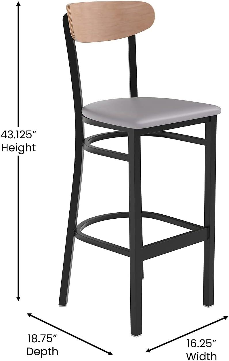 image:imageFlash Furniture Wright Set of 2 Commercial Barstools Walnut Wood Boomerang Back Black Vinyl Seat 500 LB Capacity Black Steel Frame Integrated FootrestNatural Birch Wood BackGray Vinyl Seat