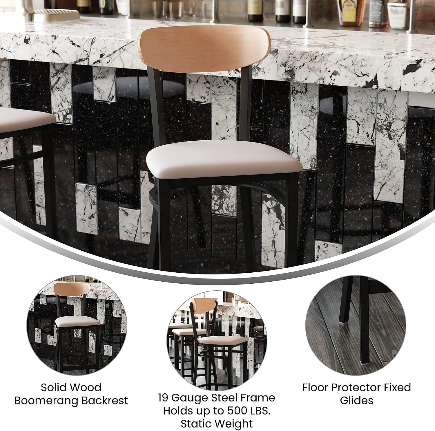 image:imageFlash Furniture Wright Set of 2 Commercial Barstools Walnut Wood Boomerang Back Black Vinyl Seat 500 LB Capacity Black Steel Frame Integrated FootrestNatural Birch Wood BackGray Vinyl Seat