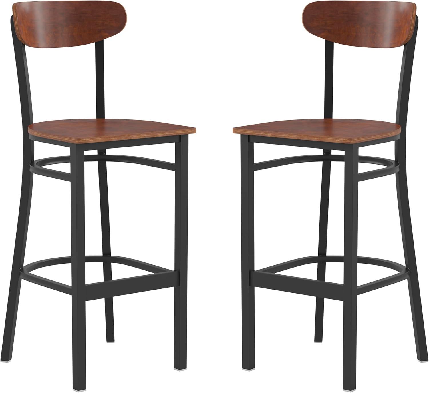image:imageFlash Furniture Wright Set of 2 Commercial Barstools Walnut Wood Boomerang Back Black Vinyl Seat 500 LB Capacity Black Steel Frame Integrated FootrestWalnut