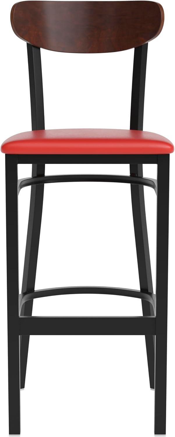 image:imageFlash Furniture Wright Set of 2 Commercial Barstools Walnut Wood Boomerang Back Black Vinyl Seat 500 LB Capacity Black Steel Frame Integrated FootrestWalnut Wood BackRed Vinyl Seat