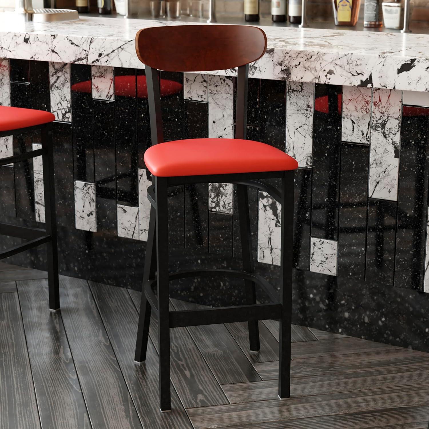 image:imageFlash Furniture Wright Set of 2 Commercial Barstools Walnut Wood Boomerang Back Black Vinyl Seat 500 LB Capacity Black Steel Frame Integrated FootrestWalnut Wood BackRed Vinyl Seat