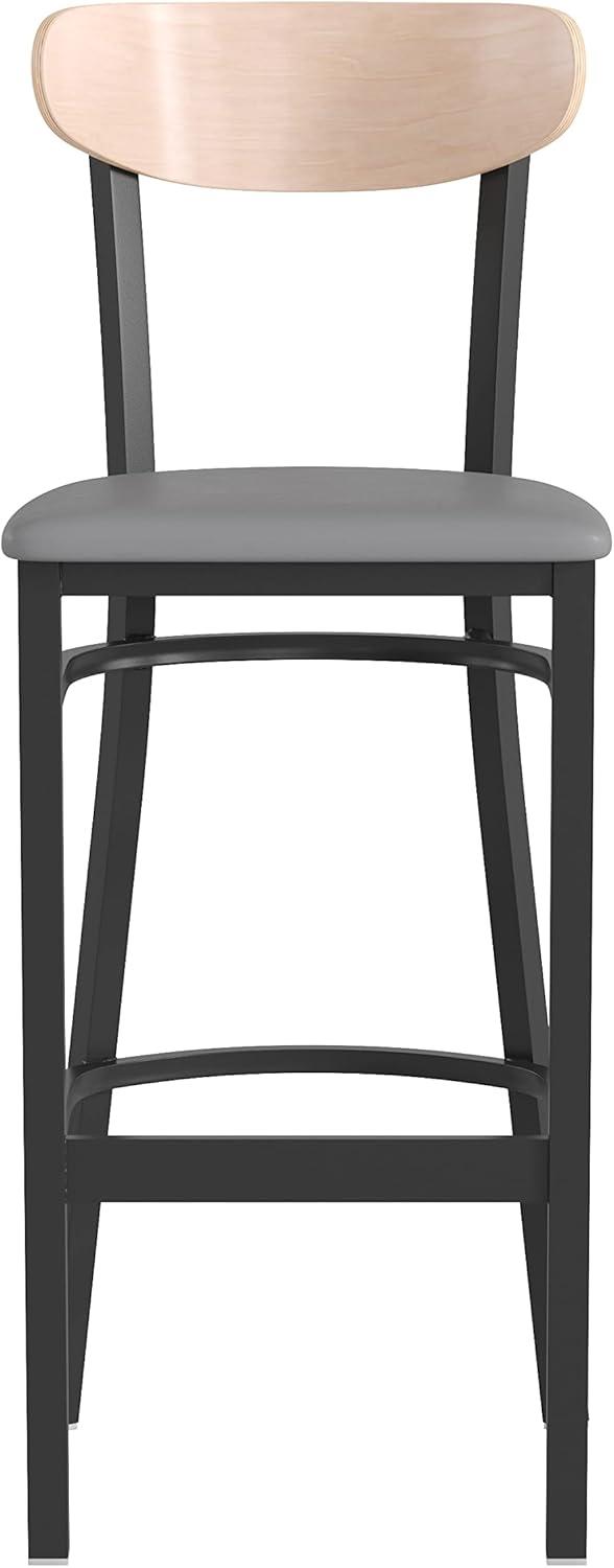 image:imageFlash Furniture Wright Set of 2 Commercial Barstools Walnut Wood Boomerang Back Black Vinyl Seat 500 LB Capacity Black Steel Frame Integrated FootrestNatural Birch Wood BackGray Vinyl Seat