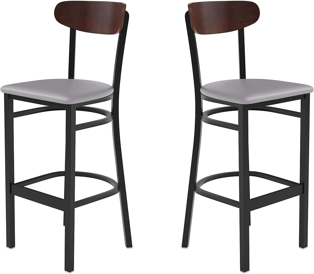 image:imageFlash Furniture Wright Set of 2 Commercial Barstools Walnut Wood Boomerang Back Black Vinyl Seat 500 LB Capacity Black Steel Frame Integrated FootrestWalnut Wood BackGray Vinyl Seat