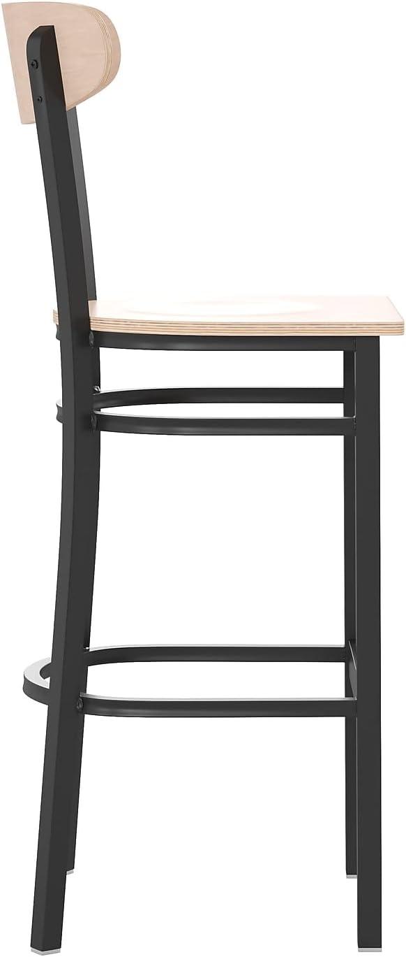 image:imageFlash Furniture Wright Set of 2 Commercial Barstools Walnut Wood Boomerang Back Black Vinyl Seat 500 LB Capacity Black Steel Frame Integrated FootrestNatural Birch