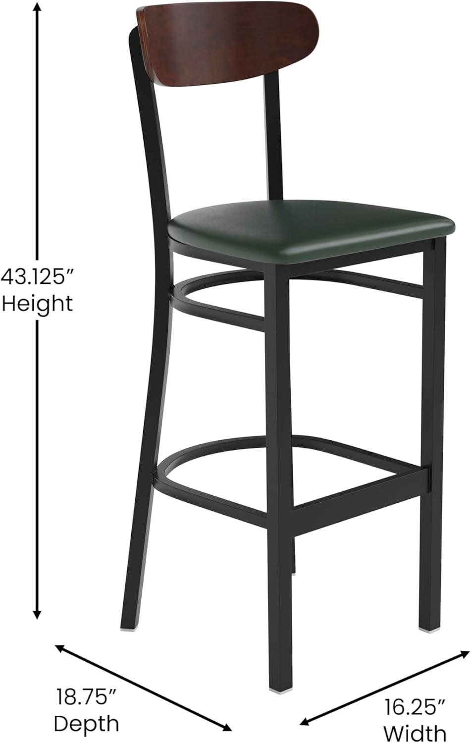 image:imageFlash Furniture Wright Set of 2 Commercial Barstools Walnut Wood Boomerang Back Black Vinyl Seat 500 LB Capacity Black Steel Frame Integrated FootrestWalnut Wood BackGreen Vinyl Seat