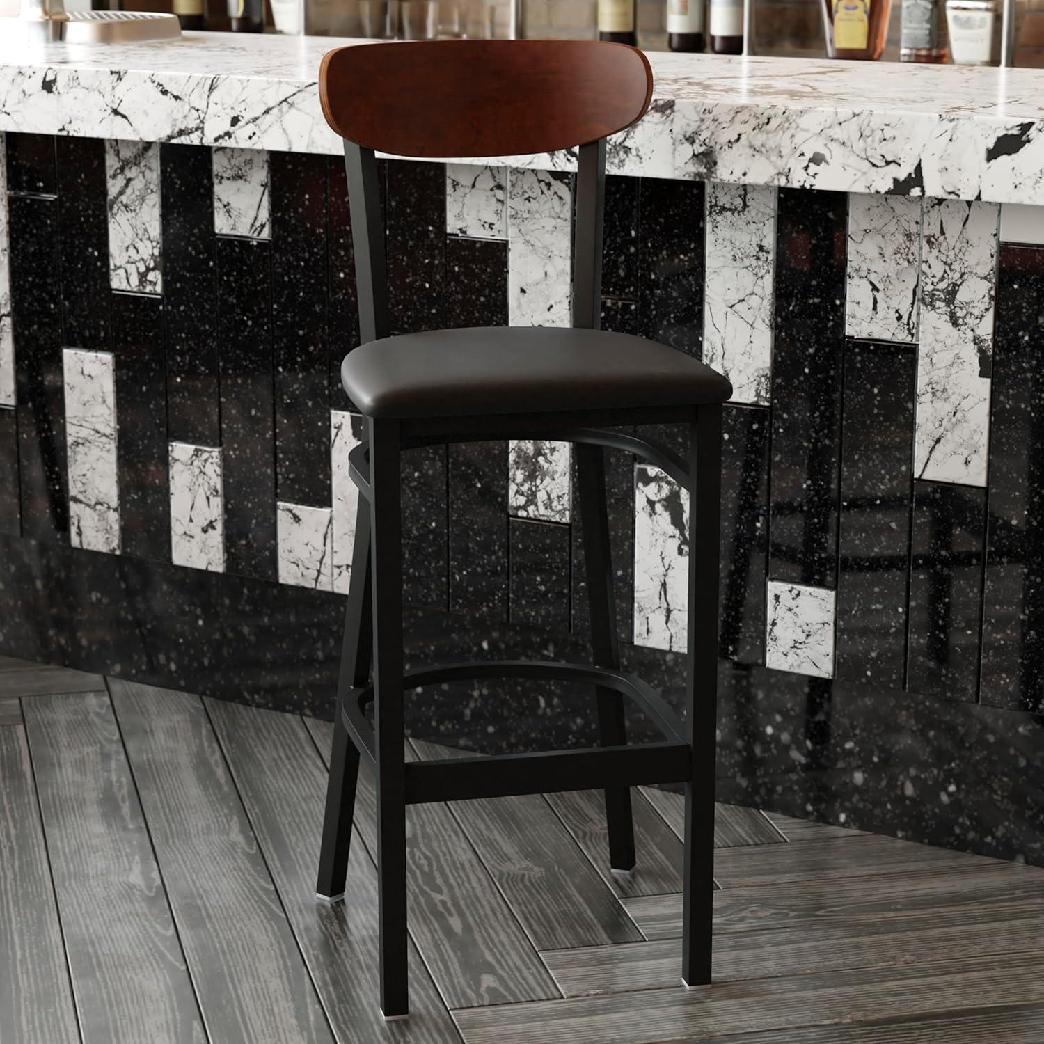 image:imageFlash Furniture Wright Set of 2 Commercial Barstools Walnut Wood Boomerang Back Black Vinyl Seat 500 LB Capacity Black Steel Frame Integrated FootrestWalnut Wood BackBlack Vinyl Seat
