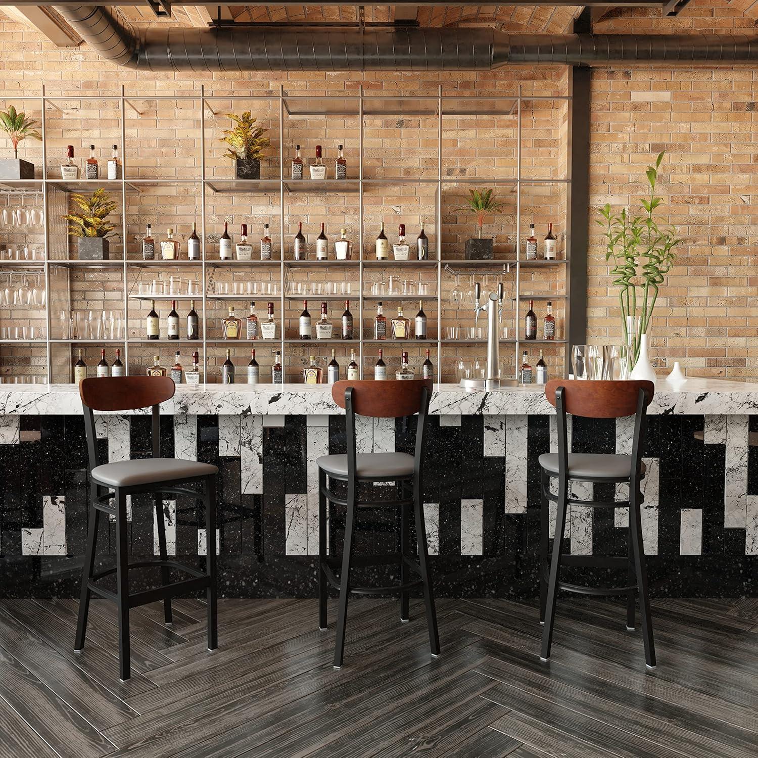 image:imageFlash Furniture Wright Set of 2 Commercial Barstools Walnut Wood Boomerang Back Black Vinyl Seat 500 LB Capacity Black Steel Frame Integrated FootrestWalnut Wood BackGray Vinyl Seat