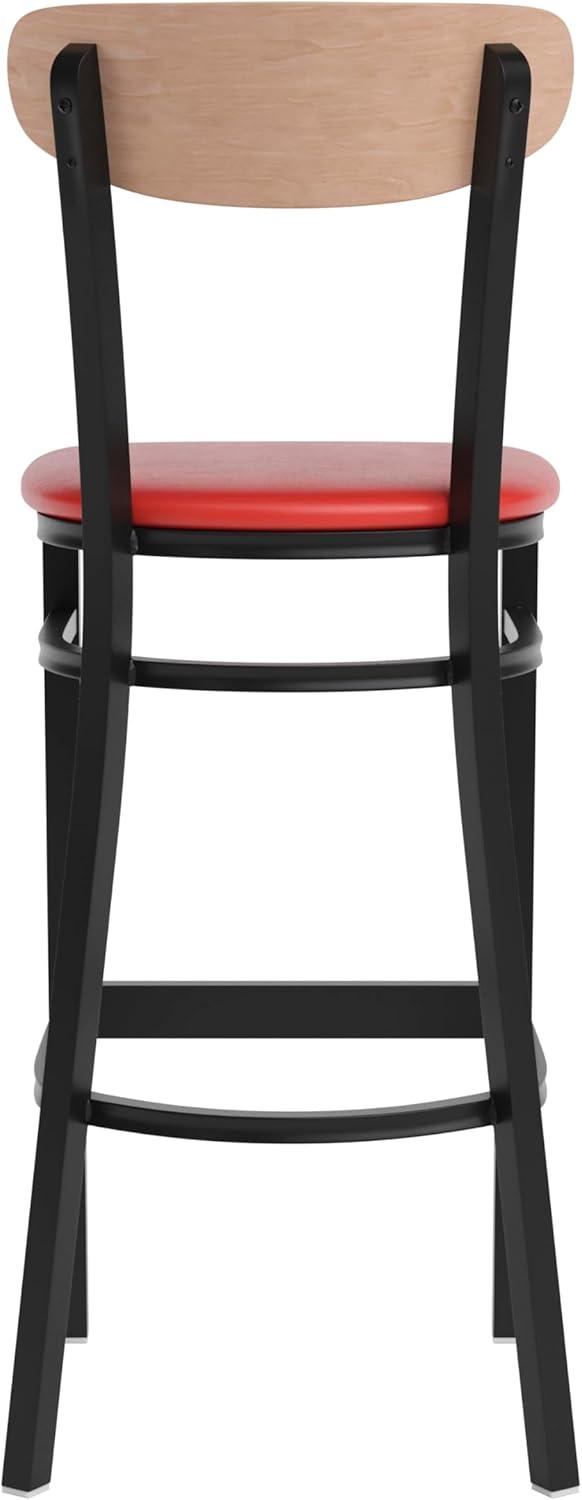 image:imageFlash Furniture Wright Set of 2 Commercial Barstools Walnut Wood Boomerang Back Black Vinyl Seat 500 LB Capacity Black Steel Frame Integrated FootrestNatural Birch Wood BackRed Vinyl Seat