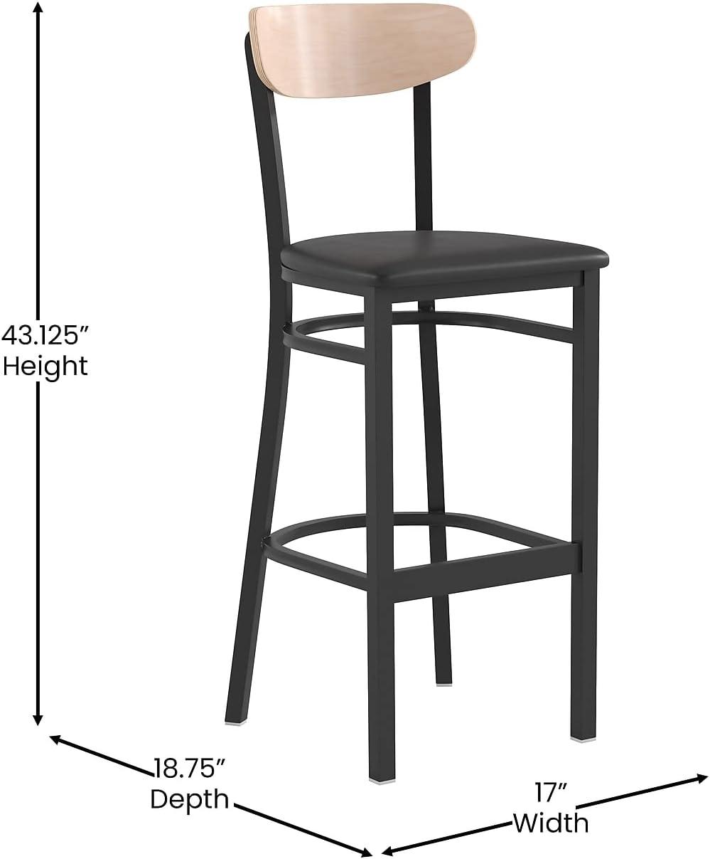 image:imageFlash Furniture Wright Set of 2 Commercial Barstools Walnut Wood Boomerang Back Black Vinyl Seat 500 LB Capacity Black Steel Frame Integrated FootrestNatural Birch Wood BackBlack Vinyl Seat